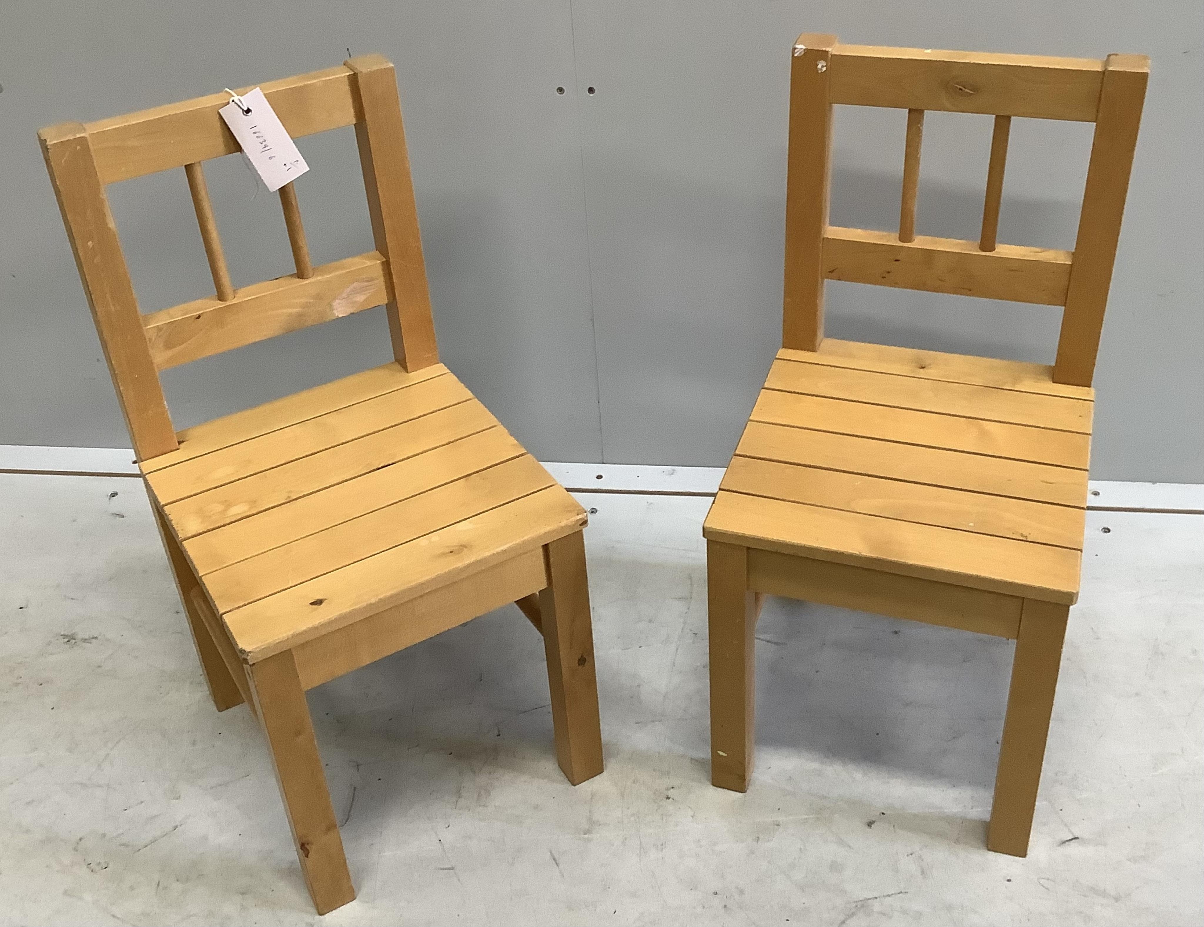 A pair of beech child's chairs together with a bamboo swivel child's chair, largest width 45cm, height 56cm. Condition - fair